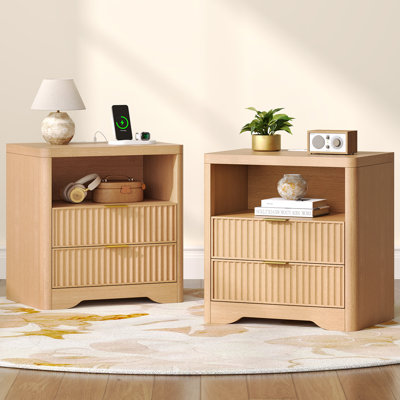 Fluted Nightstand with 2 Drawers, LED Light and Charging Station(Set Of 2)