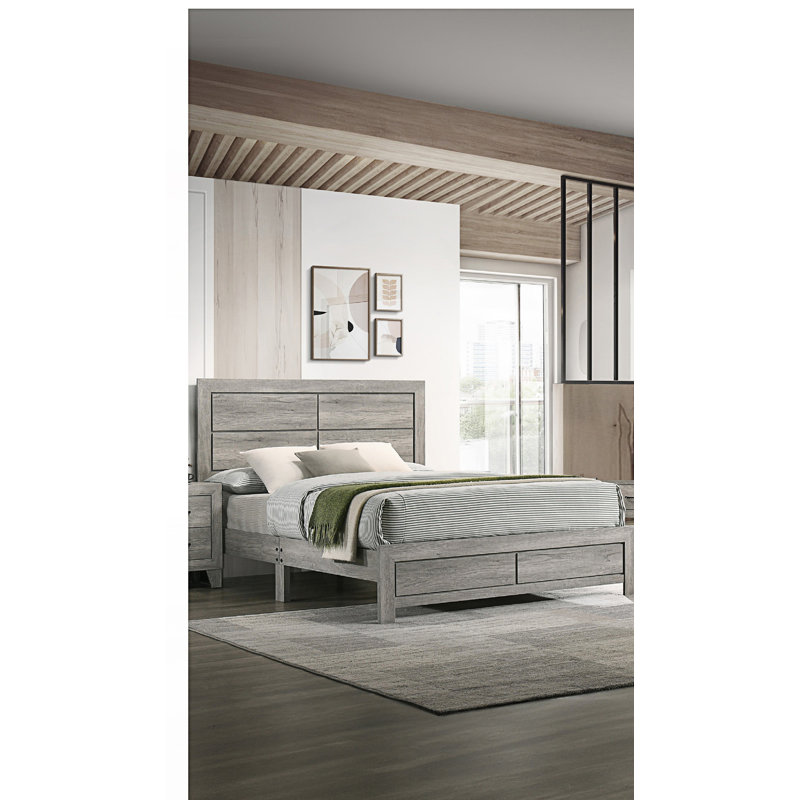 Lit plateforme robuste 1pc avec tête de lit aux lignes épurées, Grand lit, Gris