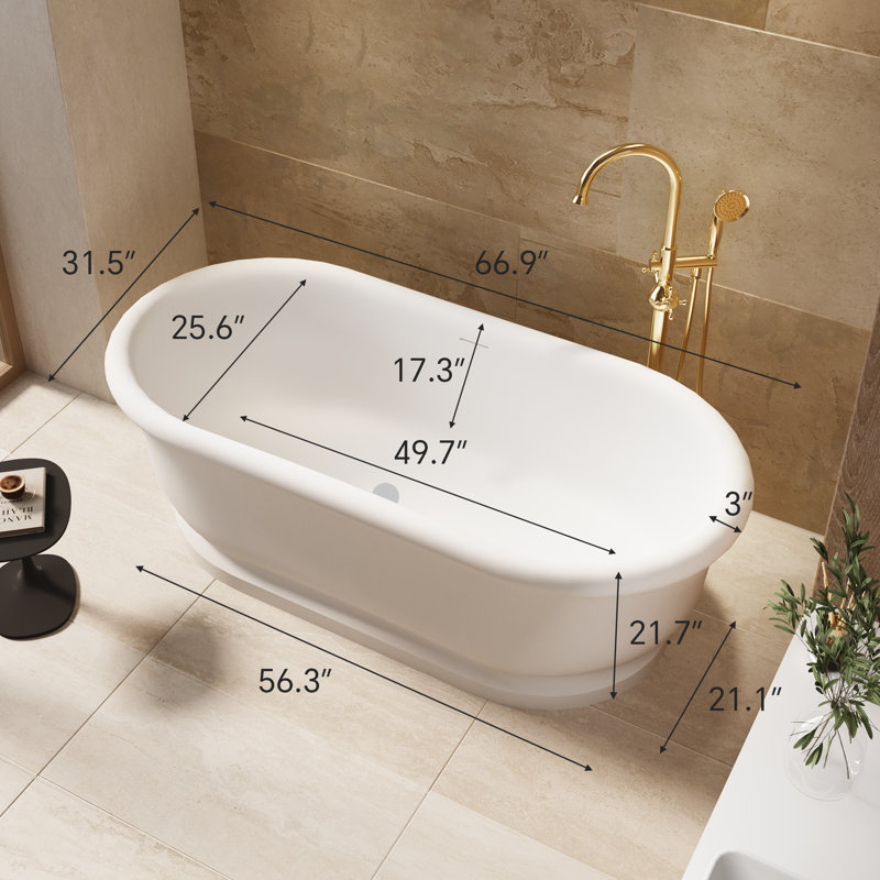 67" White Solid Surface Freestanding Bathtub With French Rolled Edge Design