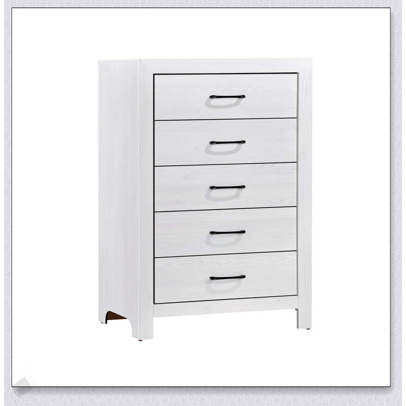 Commode de rangement blanche à 5 tiroirs avec quincaillerie noire, aucun assemblage requis, parfaite pour les chambres modernes