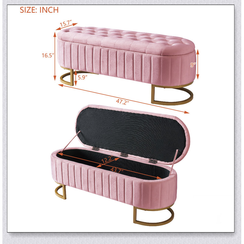 Banc de rangement rembourré avec pieds capitonnés en métal