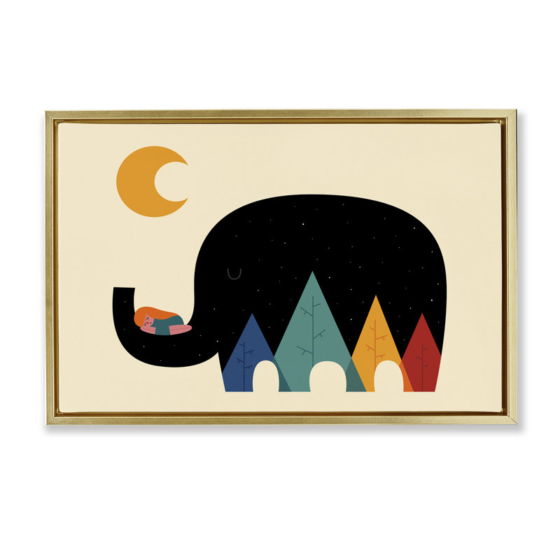 «Elephant Silhouette», art mural par Andy Westface, H 21 po x l 31 po, Cadre flottant métallique doré