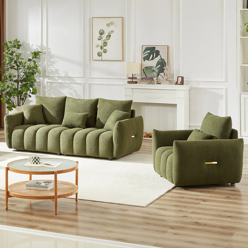 Modern 3+1 Seater Teddy Sofa Combo With Wooden Frame And Plush Cushions For Compact Living Spaces., Green