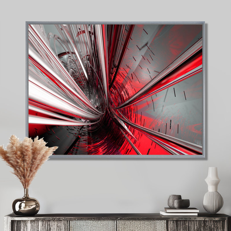 « Fractal 3D Deep into Middle » - Impression d'art graphique, H 16 po x l 32 po, Reproduction avec cadre flottant, Argent