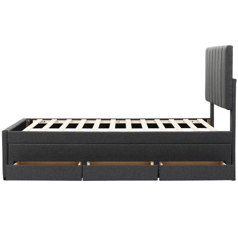 Lit plateforme tapissier gris avec lit gigogne et 3 tiroirs