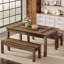 Ensemble de table de salle à manger 3 pièces avec 2 bancs, table de cuisine en bois de ferme avec 2 bancs-597688929