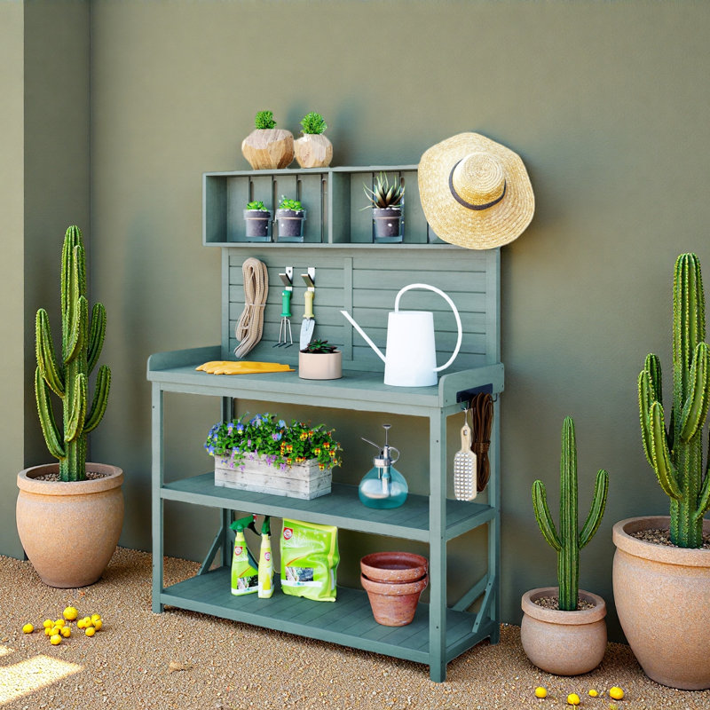 Grande table de rempotage en bois avec 4 tablettes de rangement et crochets latéraux, Vert