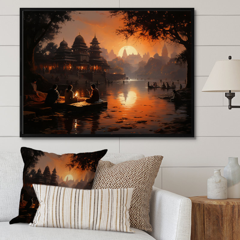 Hinduisim Sunset Aarti II - Spiritual Wall Art Prints, H 30 po x l 40 po x P 1,5 po, Cadre flottant noir