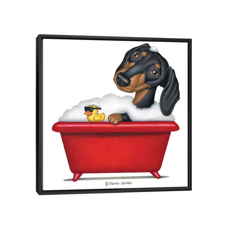 «Black Dachshund in Red Tub» par Danny Gordon - impression d'art graphique, Toile avec cadre noir, Pas de tapis