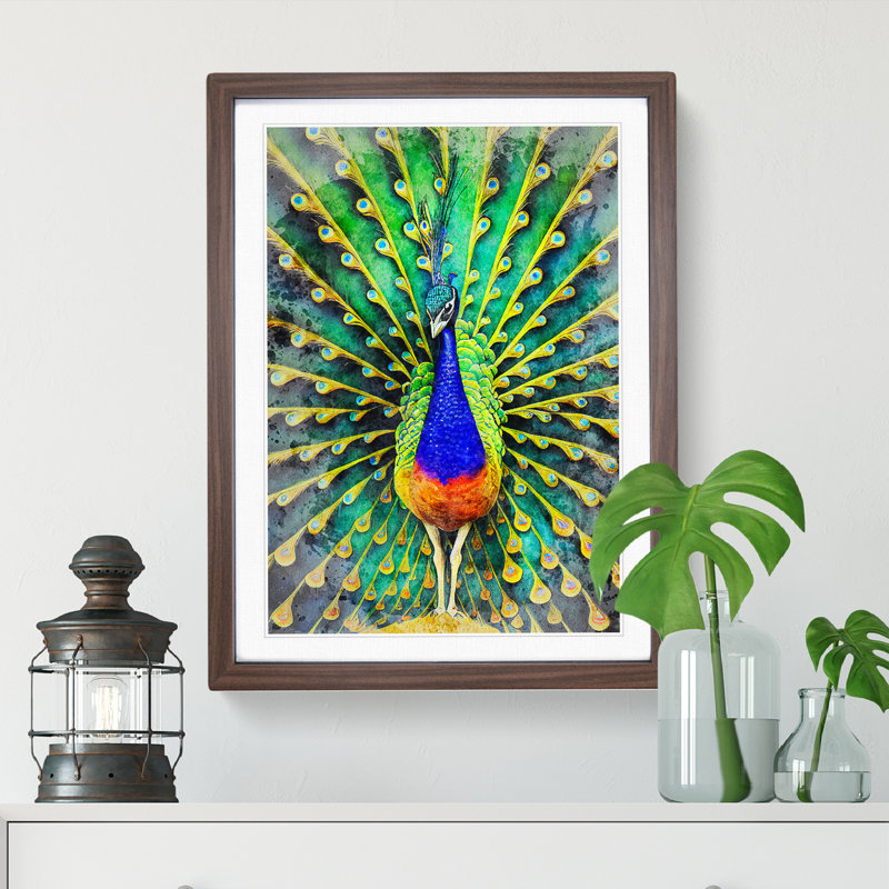Peacock Watercolour No.1 - Framed Print, 34cm H x 25cm W x 2cm D, Walnut Framed