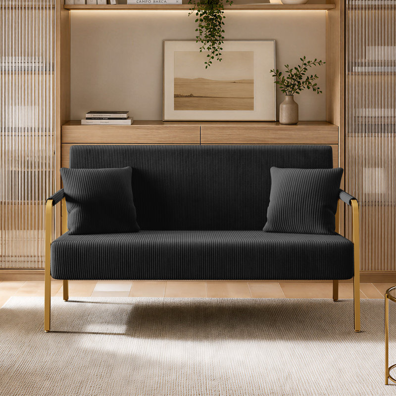 Corduroy Loveseat Sofa with Gold Metal Legs and Throw Pillows, Black