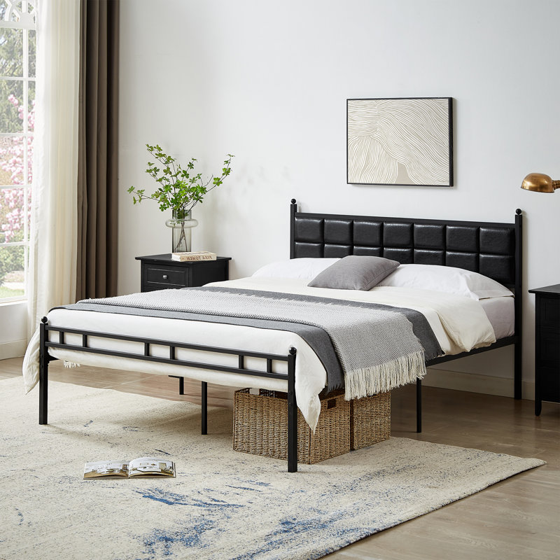 Geneal Upholstered Bed Frame with Faux Leather Tufted Headboard Twin Full Queen Size Bed, Full, Black