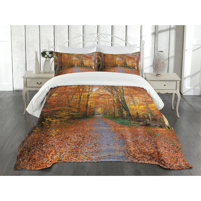 Ambesonne Fall Bedspread Set Vibrant Trees Pathway Orange Yellow Green, King Bedspread + 2 Standard Shams