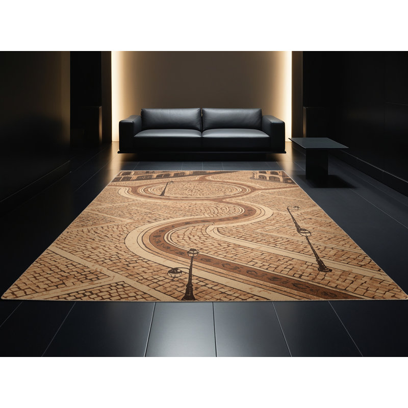 Soft Plush Fairbanks Montreal Old Port Vintage Vintage Look Area Rug in Brown – Beige Binding, 5x7
