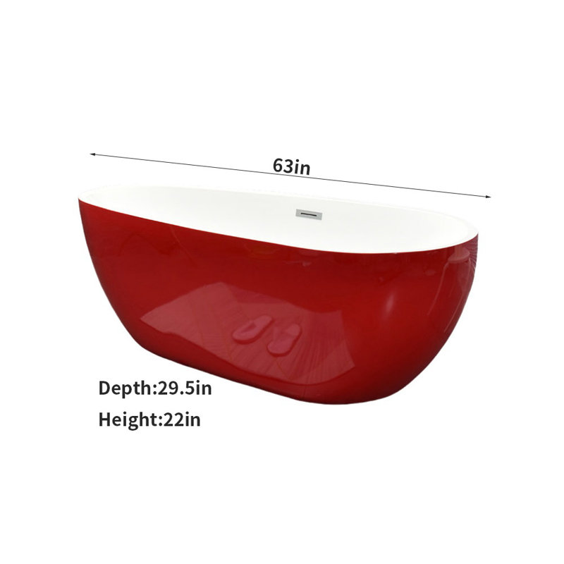 63'' x 29.5'' Freestanding Acrylic Bathtub, Red/White