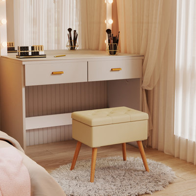 20" Storage Ottoman, Foot Rest Ottoman with Padded Seat, Foot Stool with Wood Legs for Living Room Bedroom Couch, Beige