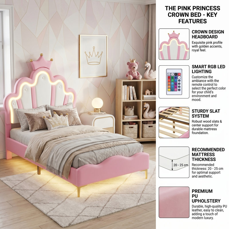 EU & UK Single Princess Bed with Dual-Zone LED, Upholstered Height-Adjustable PU Leather Headboard, Pink/White, Pink