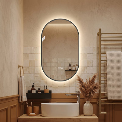 Miroir de salle de bain ovale 40 po x 24 po à DEL noir encadré, 3 lumières colorées, anti-buée, anti-déflagrant, miroir de meuble-lavabo mural rétro-éclairé