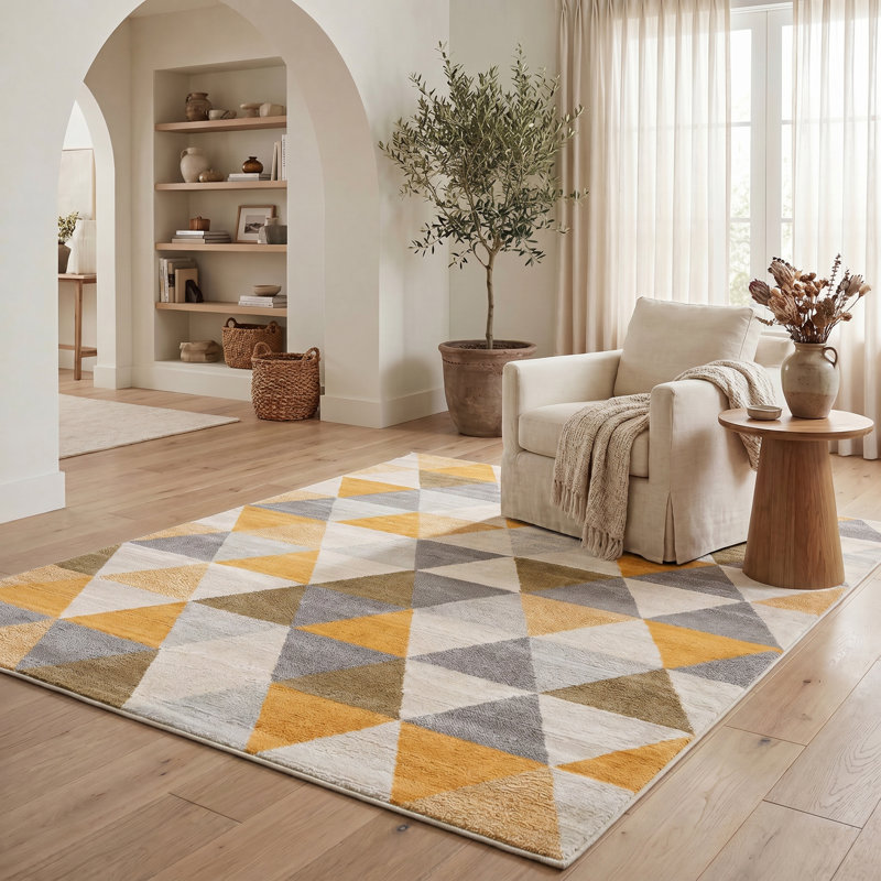 Tapis jaune à motif abstrait Ayo, Rectangle 5 pi 3 po x 7 pi 7 po