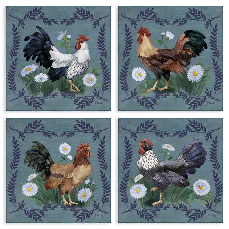 "Country Ferns & Roosters", ensemble de 4 toiles murales par Paul Brent