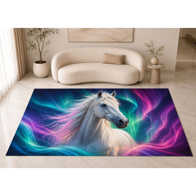 Tapis « Ultra Fin » 152 x 213 cm à motif cheval néon fantastique pour chambre, salon et bureau à domicile, moquette douce à poils courts avec envers antidérapant en silicone