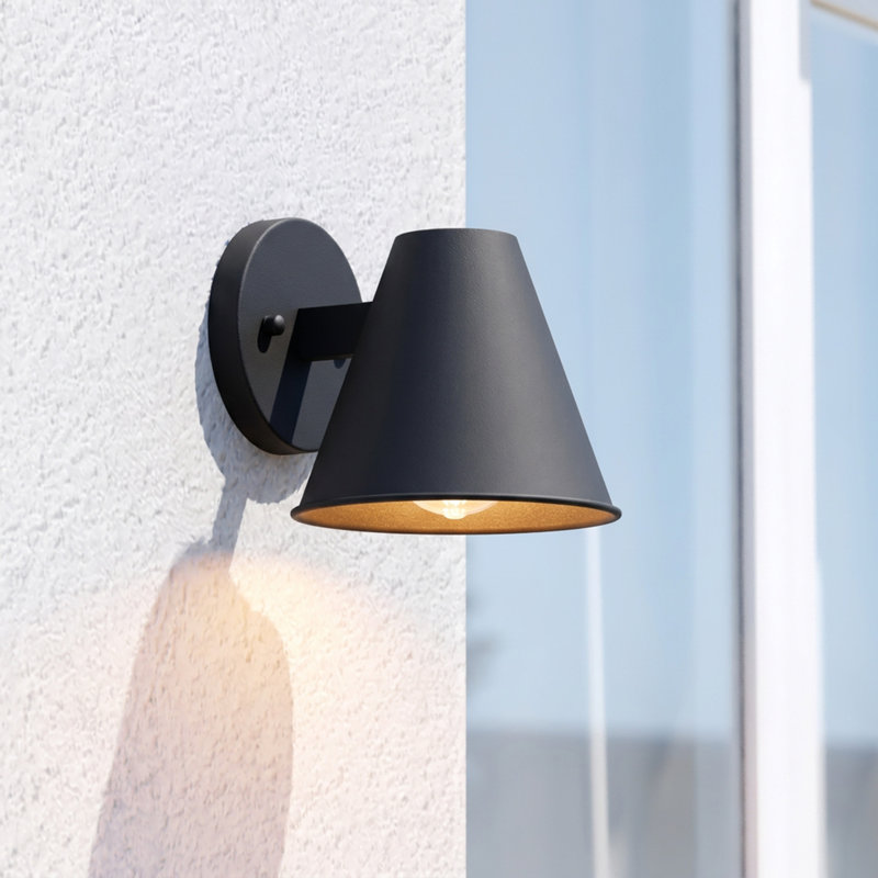 Berners 6.25 in. H 1-Light Textured Black Contemporary Outdoor Wall Sconce, Durable Steel Metal Cone Shade, LED Compatible, Dark Sky Compliant, Use for Exterior Porch Patio Front Door or Garage