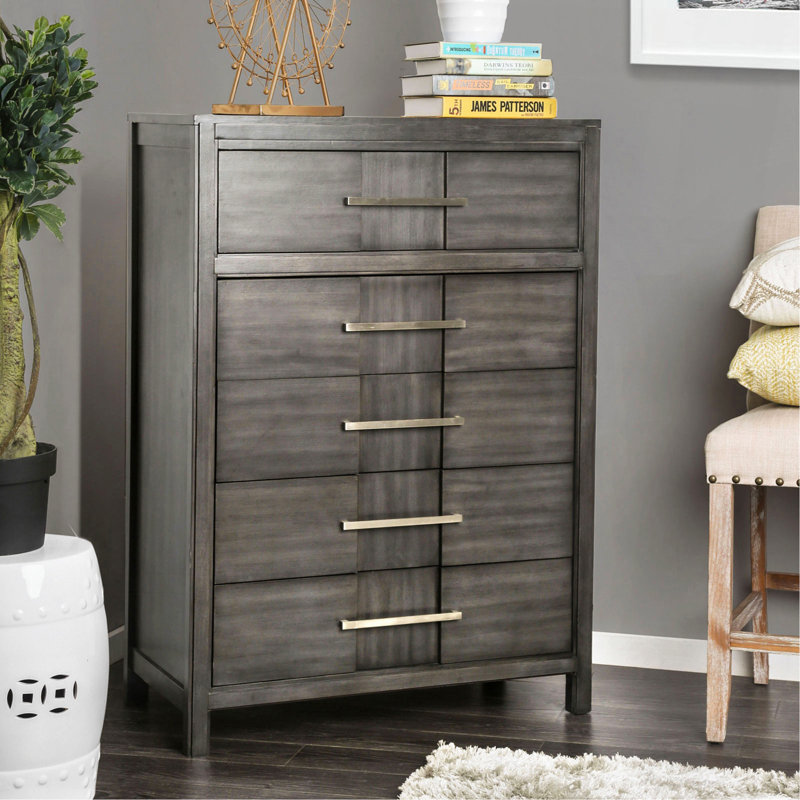Commode de style transitionnel 1 pièce à queue d'aronde anglaise à 5 tiroirs avec roulement à billes et tiroir gris