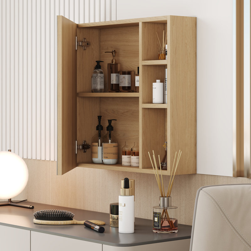 Multi-Function Wood Grain Mirror Cabinet with Storage, Space-Saving Wall-Mounted Design, Brown
