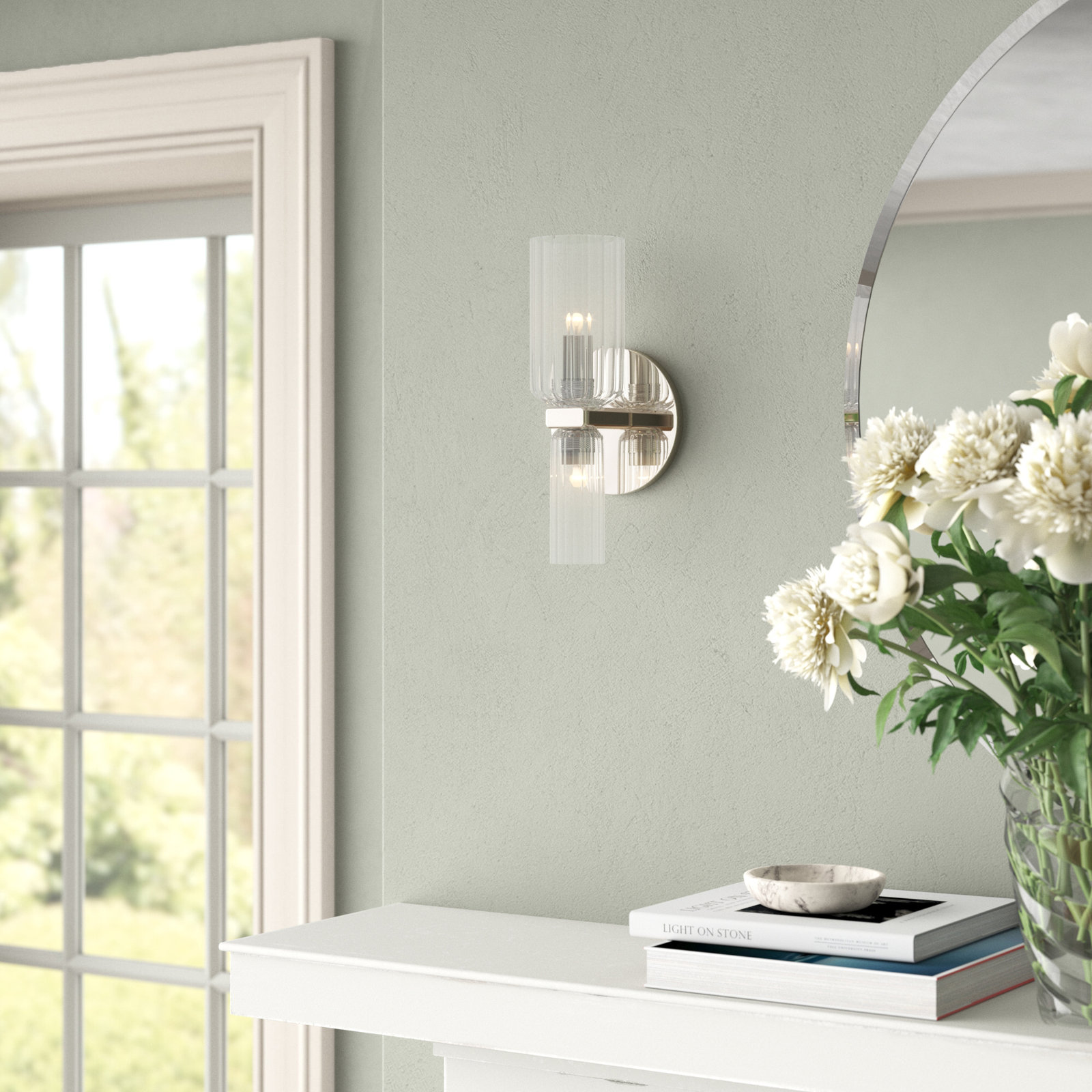 2 Light Glass Dimmable Candle Wall Light, Polished Nickel