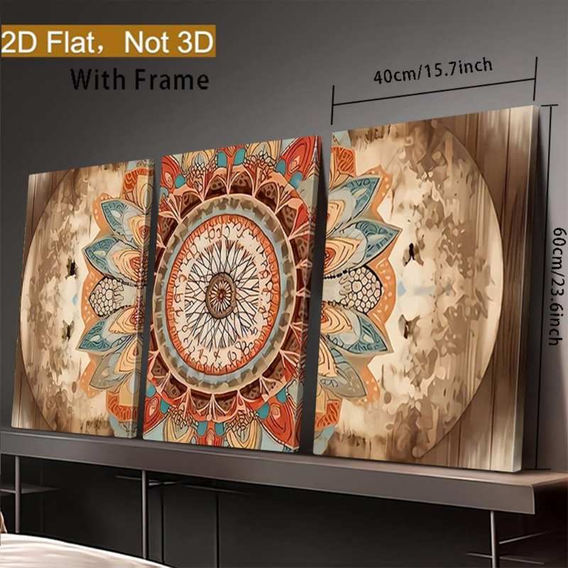 Mandala à motif géométrique, impression sur toile 3 pièces pour décoration de salon bohémien, 30 * 20 pouces 3 pièces