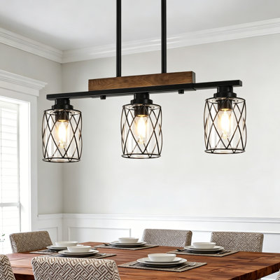 Lustre de salle à manger 3 lumières au-dessus de la table, luminaire suspendu style maison de campagne avec îlot de bois rustique et noir mat, abat-jour en verre transparent