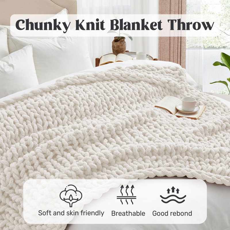Peace Nest Soft Chenille Chunky Knit Throw Blanket Cozy Textured Blanket (White), White