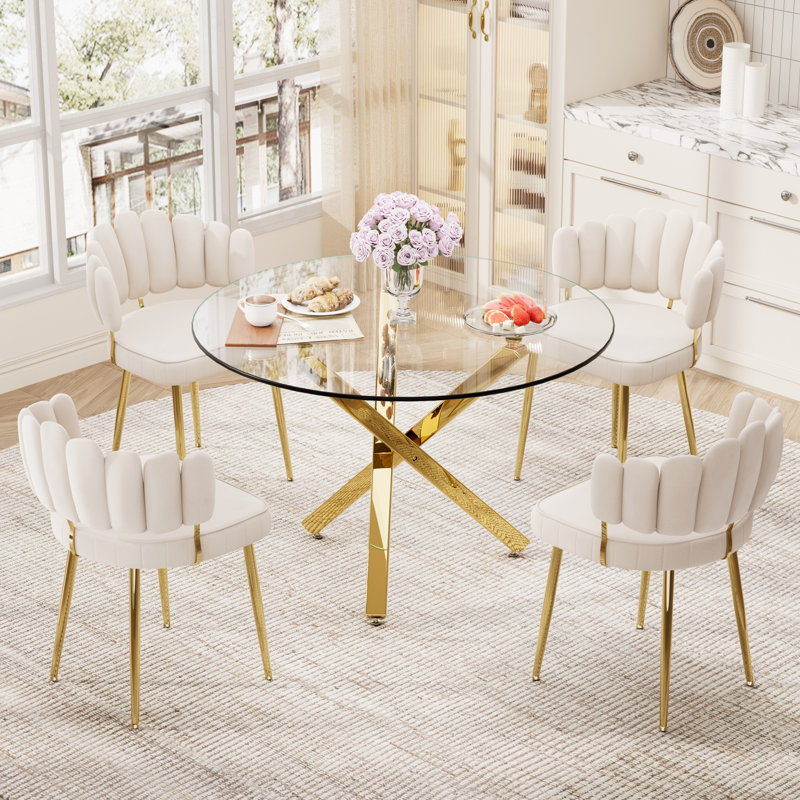 Ensemble de salle à manger rond en verre pour 4-6, 5 pièces: table, 4 chaises, Blanc, H 29,95 po x L 39,37 po x l 39,37 po
