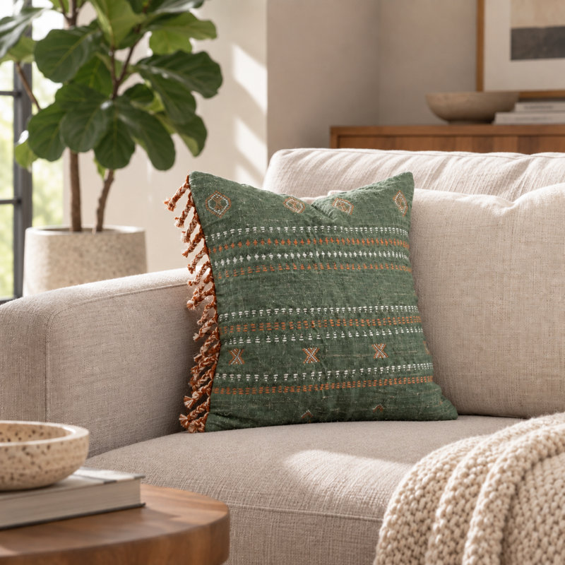 Housse de coussin bohème en coton vert tissé à la main brodée à la main, Vert