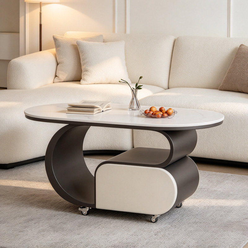 Table basse mobile avec rangement, H 19,68 po x l 35,43 po x P 17,71 po, Blanc Gris / crème Noir, Marbre