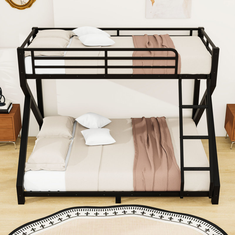 Metal Bunk Bed with Ladder and Guardrails, Twin XL Over Queen