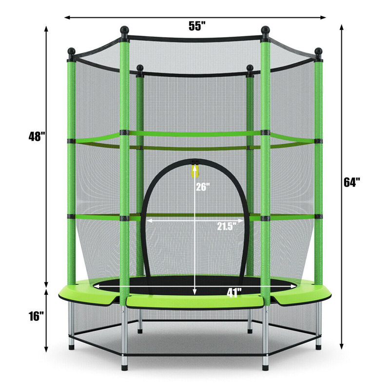 Trampoline de jardin hexagonal 55 po avec enceinte sécuritaire gymax, Vert