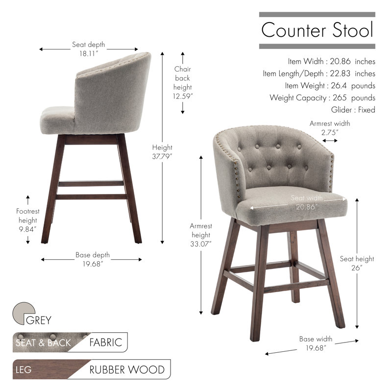 Tabouret de bar Arlisa, Gris, Tabouret de comptoir (siège d'une hauteur de 26 p