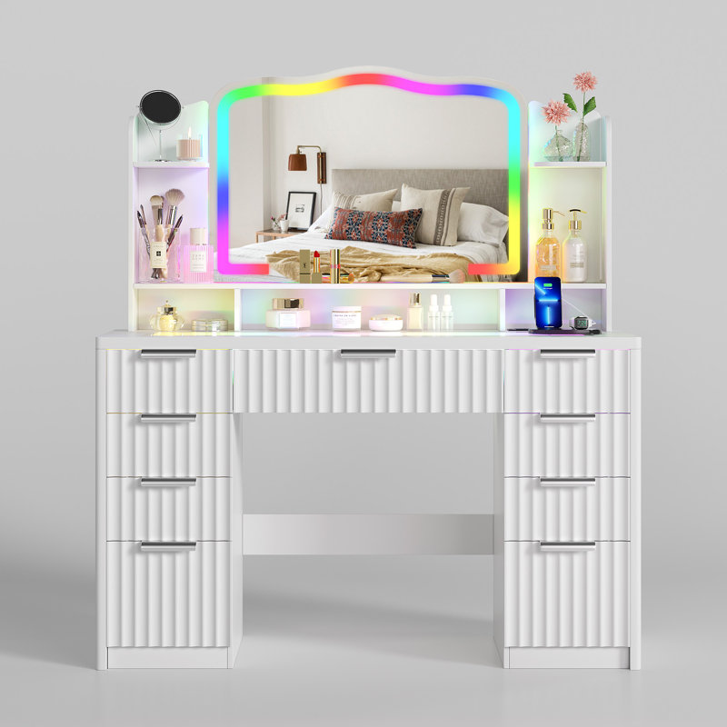 Modern Large Dressing Table with 9 Drawers, Tempered Glass Top, RGB Light Mirror, and Charging Station, White