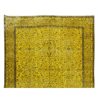 6x9.5 Ft Handmade Turkish Floral Patterned Rug Over-Dyed in Yellow for Contemporary Interiors