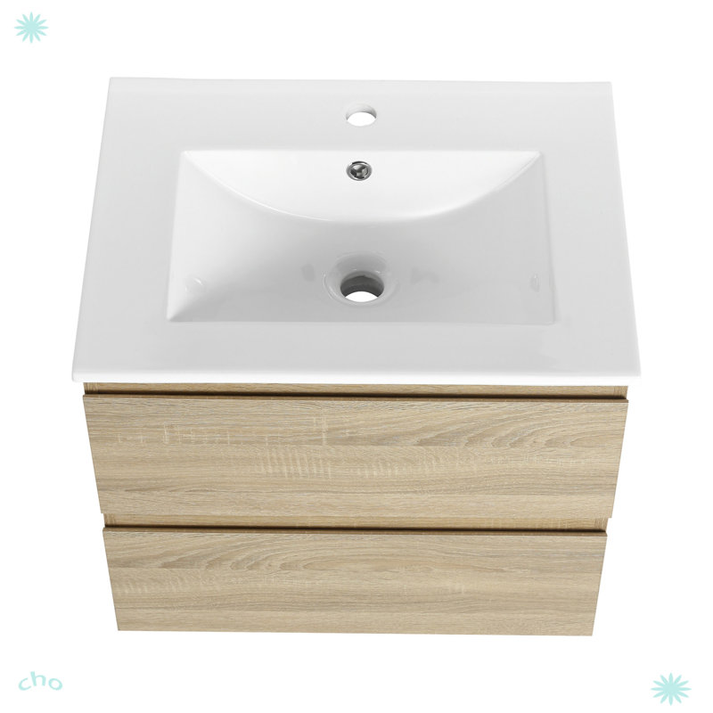 Meuble-lavabo mural 24 po avec lavabo en céramique, Chêne clair