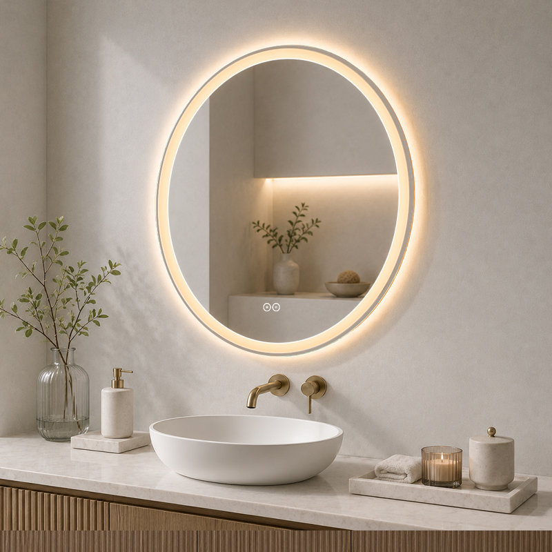 Miroir de salle de bain 28 po à DEL sans cadre 28 po, 28" H x 28" W x 1.38" D
