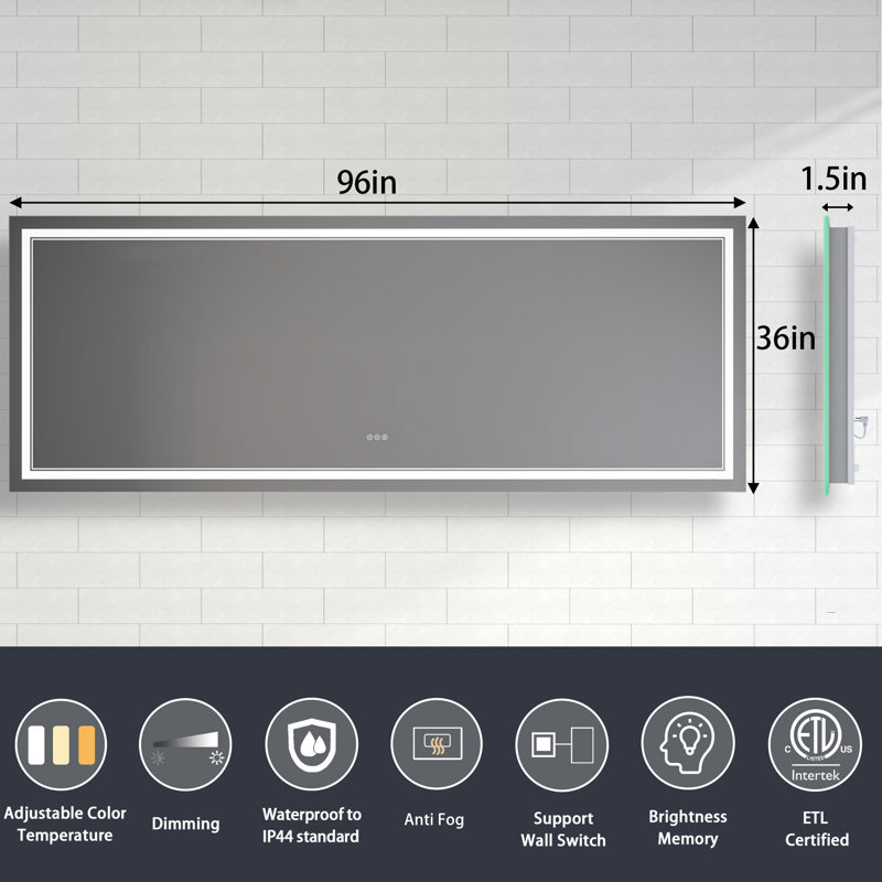 Miroir de salle de bain à DEL à intensité variable avec fonction de désembuage, Rectangle, 36 po x 96 po
