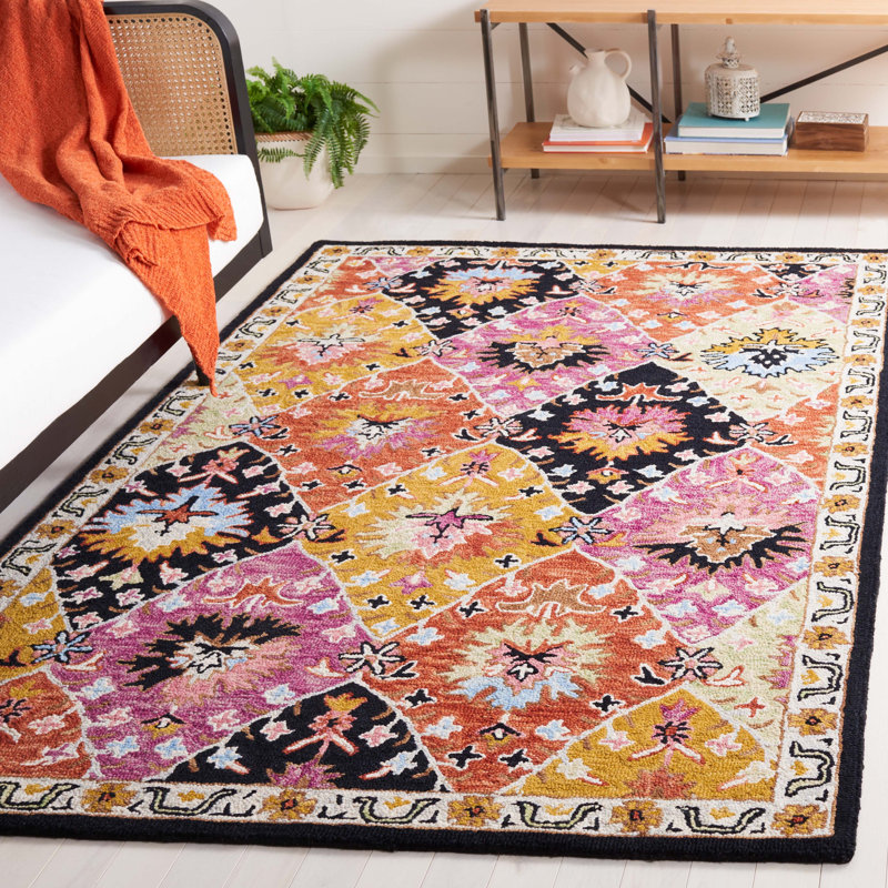 Fredick Tufted Wool/Cotton Southwestern Rug in Yellow/Black/Pink, Rectangle 5' x 8'