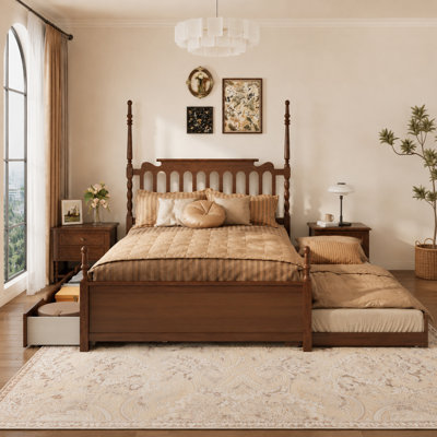 Walnut-finish solid wood platform bed (Queen size) featuring a spindle-style headboard and a multifunctional frame with a trundle bed and two storage