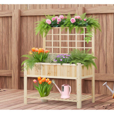 Lit surélevé décoratif avec conception à 2 niveaux, bois naturel, adapté à la culture de légumes, capacité de plantation et de rangement du bois de 330 lb, lumières à DEL à grille arrière, convient à une serre de L 46,75 po