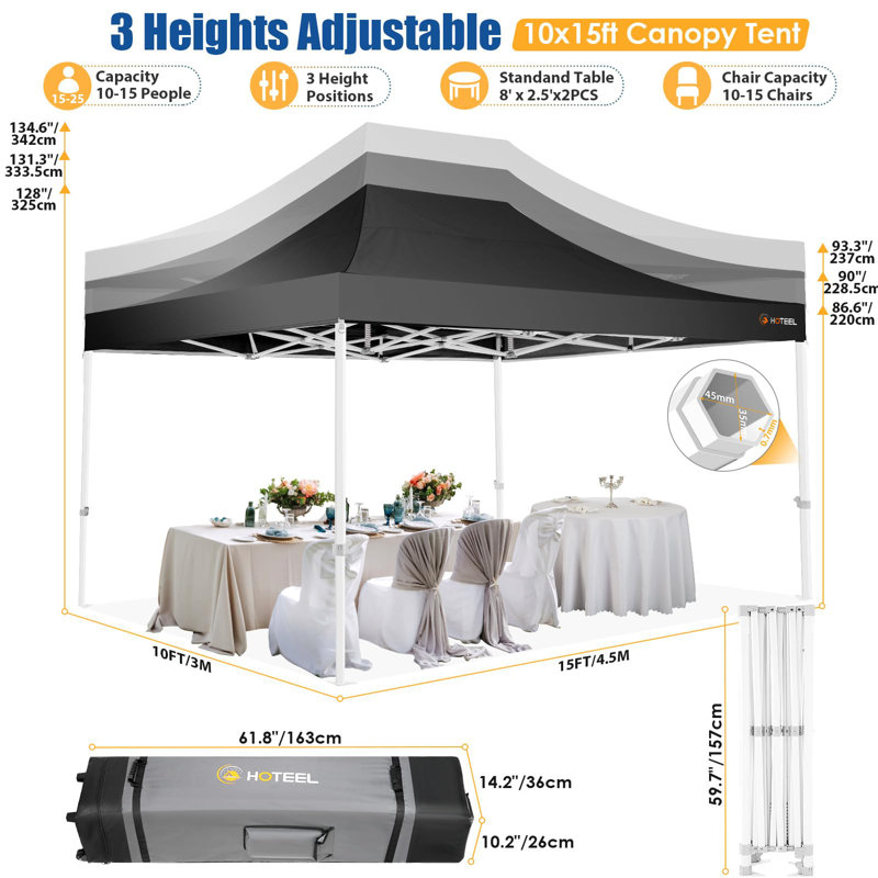 Tente à auvent escamotable de qualité commerciale 10 pi x 15 pi - UPF50 + imperméable avec parois amovibles et sac à roulettes pour les mariages, les abris d'auto