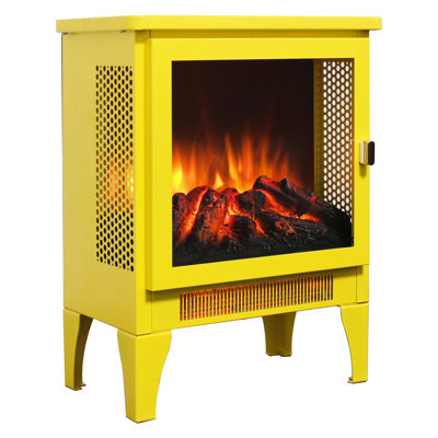 Poêle-feu électrique autoportant de 45,7 cm (18 pouces), flamme 3D, jaune citron, puissance de chauffage 1400 W/700 W, 5000 coups par heure, sécuritaire pour les enfants, design panoramique à 3 côtés, pied amovible, boutons simples, porte dorée.
