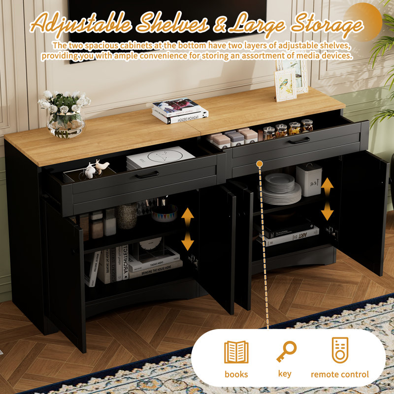 Farmhouse TV Stand for 70" TVs – Wood Grain Sideboard with 2 Drawers & Adjustable Shelves, Rustic Buffet Cabinet, Black