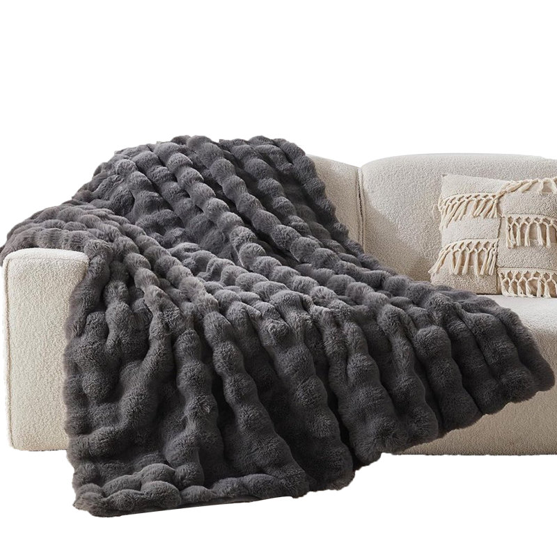 Jeté de couleur unie en fausse fourrure de lapin de couleur unie pour canapé et lit, gris foncé, 50 po x 60 po., Jeté